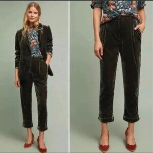 Ettitwa By Anthropologie Taupe Crushed Velvet Cropped Cuffed Pants - Size XS
